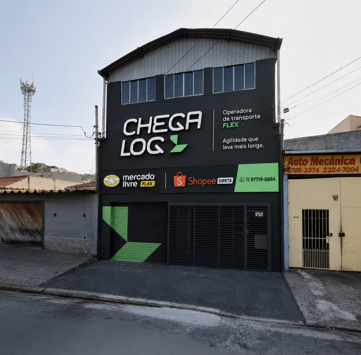 Fachada da ChegaLog com as marcas Mercado Livre Flex e Shopee Direta
