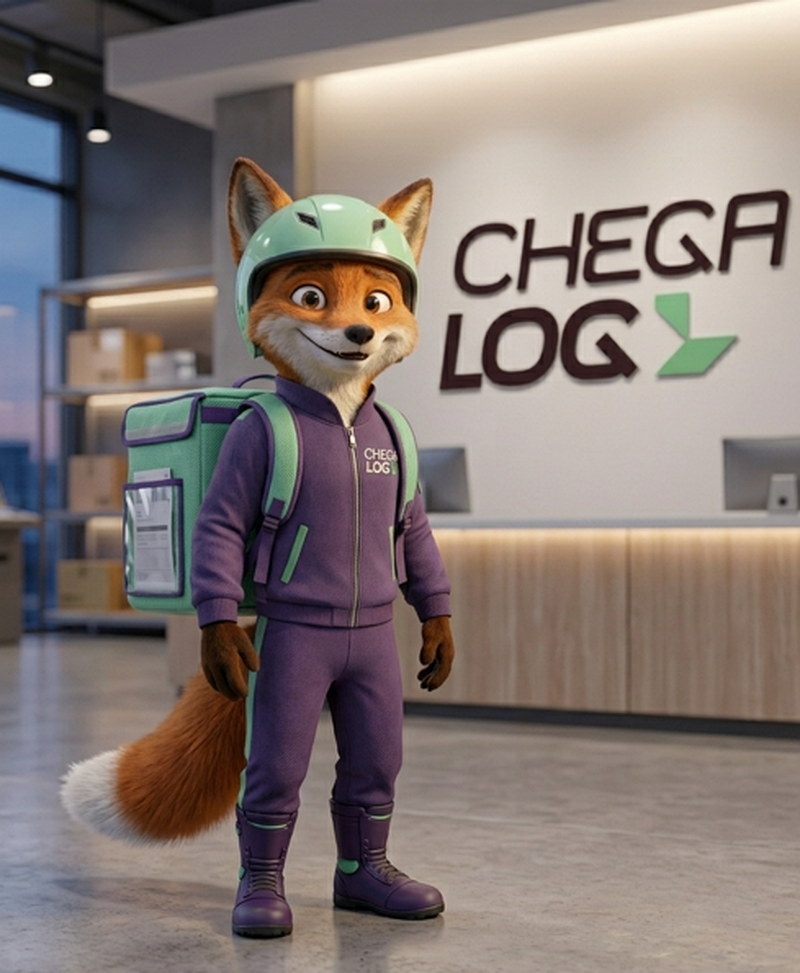 Mascote da ChegaLog: raposa entregadora de capacete e mochila na recepção do CD
